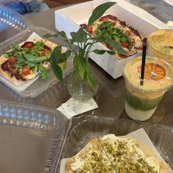 Habibi's - Drinks: Orange Blossom Matcha Food from top to bottom: Basterma, Pistachio Honey Labane - Cafes Near Me - Fullerton, California