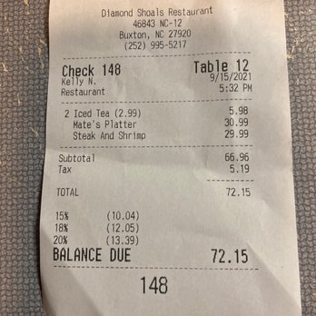 Diamond Shoals - Receipt - Seafood Near Me - Buxton, North Carolina