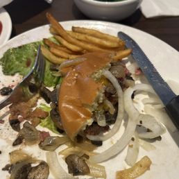 Cheeseburger, sautéed onions and mushrooms, medium, rare, french fries, and broccoli Cheeseburger, sautéed onions and mushrooms, medium, rare, french fries, and broccoli