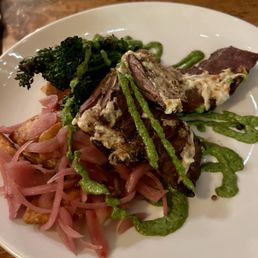Great sides and sauce on the skirt steak
