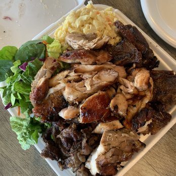 Matiki Island Barbecue - Piles of meat on top of rice with macaroni salad and fresh greens. - Hawaiian Near Me - Fullerton, California Matiki Island Barbecue - Piles of meat on top of rice with macaroni salad and fresh greens. - Hawaiian Near Me - Fullerton, California