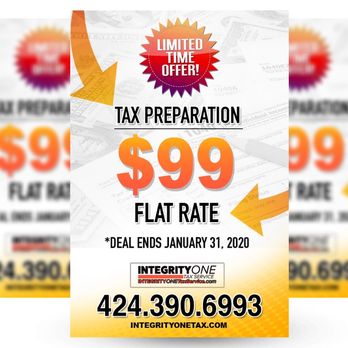 Integrity One Tax Service - Early bird special. Get your personal income taxes prepared before Jan 31st for only $99 - Tax Services Near Me - Los Angeles, California Integrity One Tax Service - Early bird special. Get your personal income taxes prepared before Jan 31st for only $99 - Tax Services Near Me - Los Angeles, California