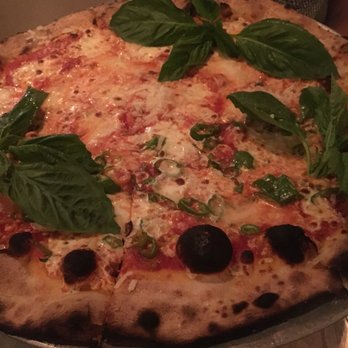Lucali - Plain Pie with added Garlic and Basil on the whole pie and Hot Peppers on half - Italian Near Me - Miami Beach, Florida
