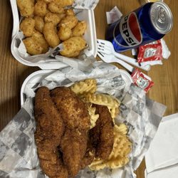 Mad Chicken - Chicken strips, waffle fries, cheese curds and Pepsi.