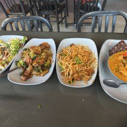 In order of disappearance: coconut salad, pork belly pad see ew and pad Thai, sunset curry with tilapia In order of disappearance: coconut salad, pork belly pad see ew and pad Thai, sunset curry with tilapia