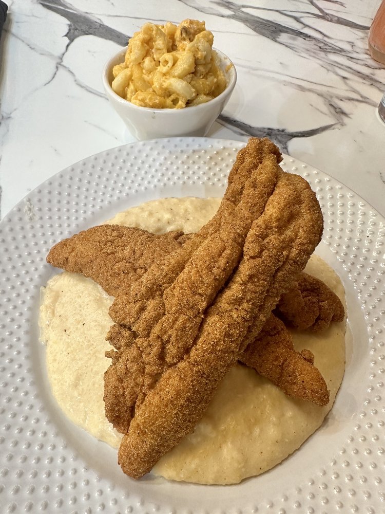 Fried fish and grits, side of mac n cheese Yelp