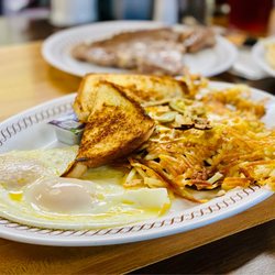 Waffle House - Moi steak & eggs hash browns with onions cheese jalapeños & Texas Toast! Nailed it! :)...