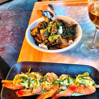 Barcha - Shrimp skewers and crispy brussel sprouts with goat cheese - Mediterranean Near Me - San Francisco, California