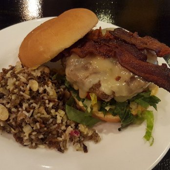 Wild Thyme Gourmet - Spicy Bacon Cheddar Burger, side of wild rice salad $12.95 - New American Near Me - Highlands, North Carolina Wild Thyme Gourmet - Spicy Bacon Cheddar Burger, side of wild rice salad $12.95 - New American Near Me - Highlands, North Carolina