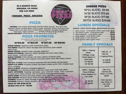 Menu photo 1 Omar's Pizzeria Arcadia, CA