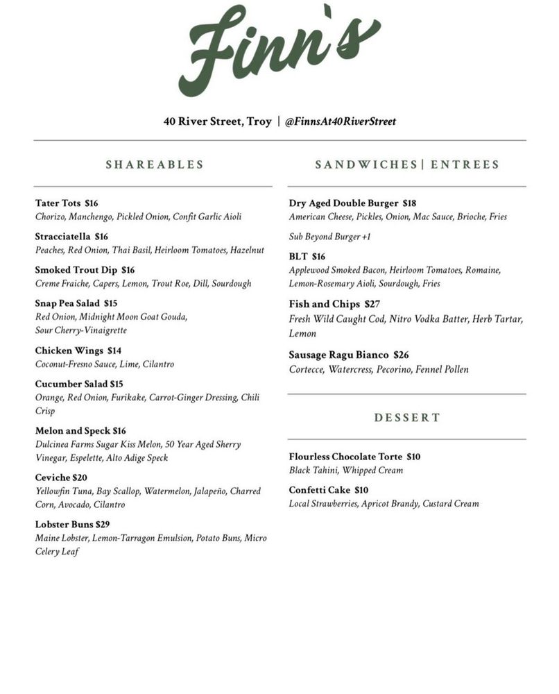 FINN’S 40 River St, Troy, New York Desserts Restaurant Reviews Yelp