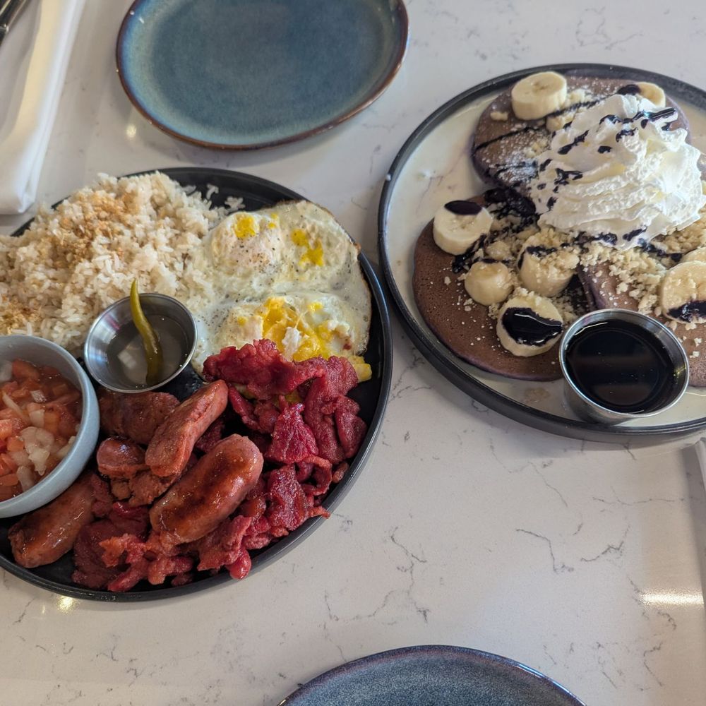 Silog with longanisa and tocino and ube macadamia banana pancakes Silog with longanisa and tocino and ube macadamia banana pancakes