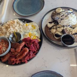 Silog with longanisa and tocino and ube macadamia banana pancakes