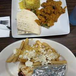 Mediterranean Gus Kabobs - Gus Spicy Chicken (top) and Falafel Wrap with side of greek fries (bottom)