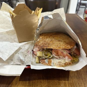 Doner Delight - Beef Doner Sandwich with fries and tomato and garlic sauce. - Donairs Near Me - Victoria, British Columbia
