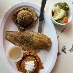 Red Fish, Carrot Soufflé, Cornbread Dressing