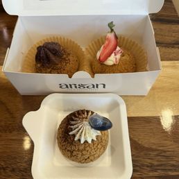 Choux: chocolate, strawberry, and tiramisu