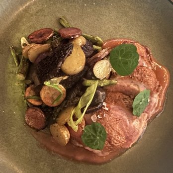 Abejas - Duck Breast with rhubarb coulis, fingerling potatoes, asparagus, and wild mushrooms - New American Near Me - Golden, Colorado
