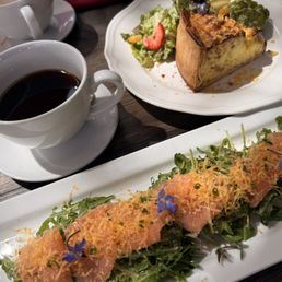 Salmon crepe, drip coffee, quiche Lorraine & latte. Not featured was a delicious pain au chocolat Salmon crepe, drip coffee, quiche Lorraine & latte. Not featured was a delicious pain au chocolat 