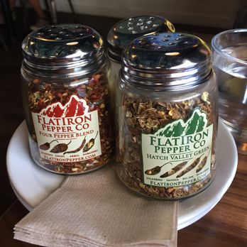Esters Gold’s Marketplace - Homegrown crushed hot pepper shakers at the table! - Breakfast & Brunch Near Me - Wheat Ridge, Colorado