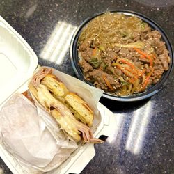 Mom's Bistro - Cuban Sandwich on Jalapeño Bagel K-Bulgogi Rice Bowl