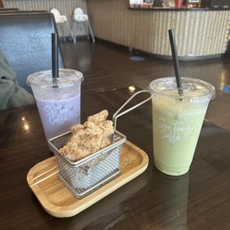 Popcorn Chicken, Matcha Ice Cream Milk Green Tea, Taro Milk Tea