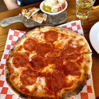 Centro - Pepperoni pizza and hummus in the back. - Breweries Near Me - Tustin, California