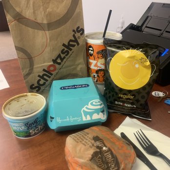 Schlotzsky's - Schlotzsky's French dip with auju, regular potato chips, Cinnabon with cream cheese icing, and a Dr. Pepper. - Sandwiches Near Me - Jackson, Mississippi