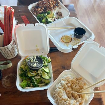 J's Teriyaki Grill - Rice and steamed vegetables, my friend had  Chicken Teriyaki - American Near Me - Moses Lake, Washington