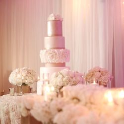 Mod About Events - { Wedding Cake Table } 5 Tier Wedding Cake Dusted With A Hint of Gold Surrounded By White Roses