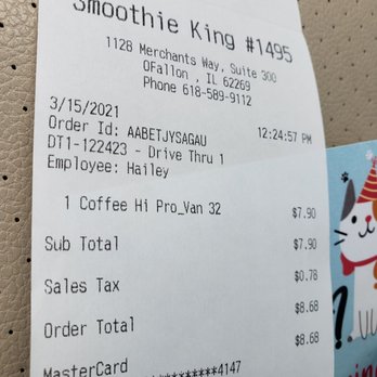 Smoothie King - Receipt - Juice Bars & Smoothies Near Me - O'Fallon, Illinois