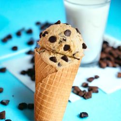 Cookie Dough Delight - Double scoop in a waffle cone of chocolate chip cookie dough.