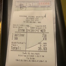 Bill for two Sunday Lunch