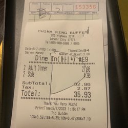 China King Buffet - Bill for two Sunday Lunch
