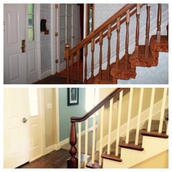 Crown Finish - On This handrail we Replaced the post, handrail, balusters, and added stair nosing. We also stained and lacquered it.