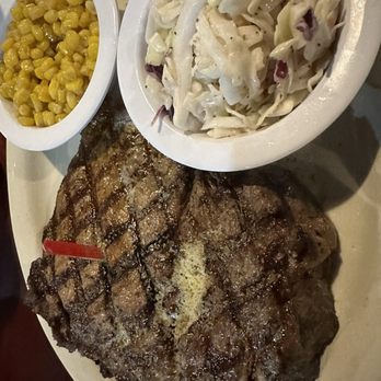 Straight Off The Road BBQ - Rib eye (rare) w/ Cole slaw & corn - Barbeque Near Me - Crosby, Texas