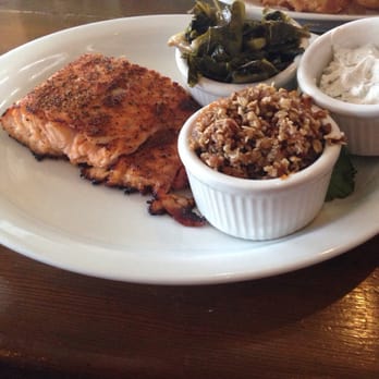 Skipper's Fish Camp - Salmon, Greens and Sweet Potato soufflé and onion rings! - Seafood Near Me - Darien, Georgia