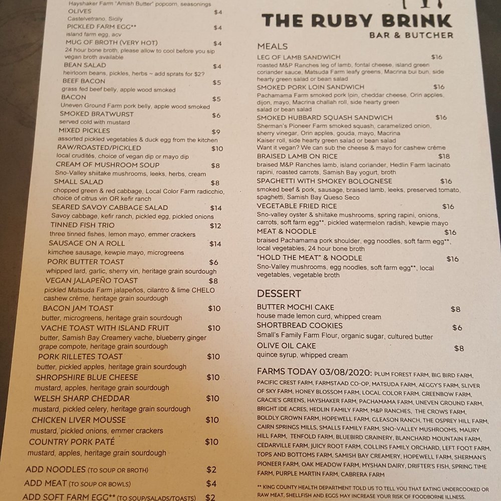 The Ruby Brink - Today's menu (3/8/20) - Butcher Near Me - Vashon, Washington The Ruby Brink - Today's menu (3/8/20) - Butcher Near Me - Vashon, Washington
