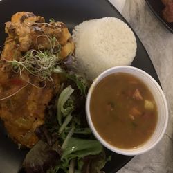 The Hub - Chicken with creole sauce white rice beans