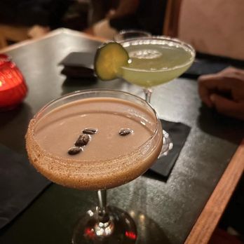Heights Hideaway - Peppermint espresso martini (seasonal) and cucumber gimlet - Cocktail Bars Near Me - Houston, Texas Heights Hideaway - Peppermint espresso martini (seasonal) and cucumber gimlet - Cocktail Bars Near Me - Houston, Texas