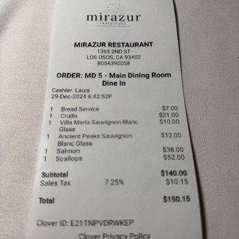 Mirazur Restaurant - The bill - Modern European Near Me - Baywood Park, California