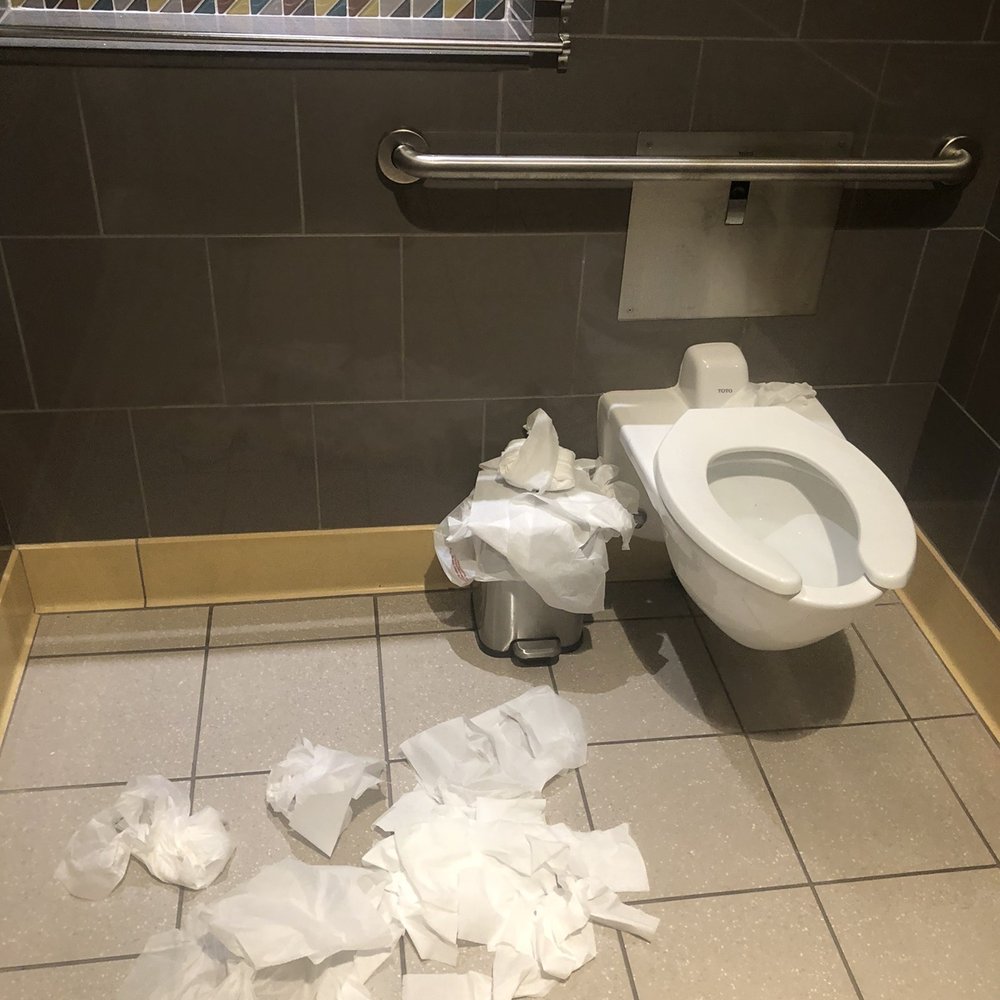 Ruby's Diner - Overflowing trash, dirty toilet and floor. - American Near Me - San Clemente, California Ruby's Diner - Overflowing trash, dirty toilet and floor. - American Near Me - San Clemente, California