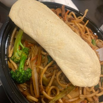 Mad Wolf Mongolian Barbecue - Before - Mongolian BBQ bowl with chicken and mixed vegetables ($14.00 plus tax) and a pocket biscuit ($1.25 plus tax) - Mongolian Near Me - Fullerton, California