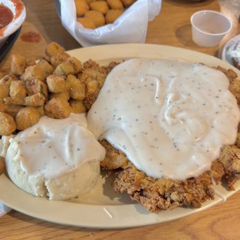 New York Hill Restaurant - Chicken Fried Steak with mashed potatoes and okra - New American Near Me - Thurber, Texas