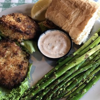 Waterfront Grill - Crab cakes appetizer as a meal, with a side of asparagus - Seafood Near Me - Monroe, Louisiana Waterfront Grill - Crab cakes appetizer as a meal, with a side of asparagus - Seafood Near Me - Monroe, Louisiana