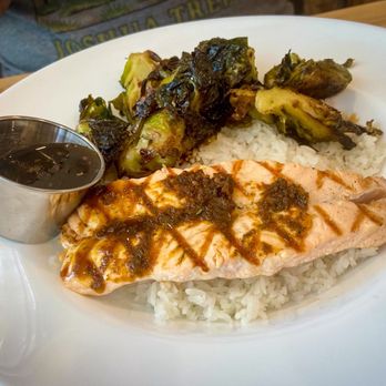 Bushfire Kitchen - Long Beach - Salmon bowl with Jasmine rice and Brussels sprouts - American Near Me - Long Beach, California