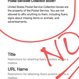 Screen shot stating it's ILLEGAL to put anything on USPS mailboxes. Screen shot stating it's ILLEGAL to put anything on USPS mailboxes.