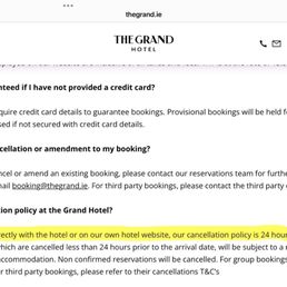 Screenshot of the FAQ page regarding cancellation policy of the Malahide Grand Hotel. Screenshot of the FAQ page regarding cancellation policy of the Malahide Grand Hotel.