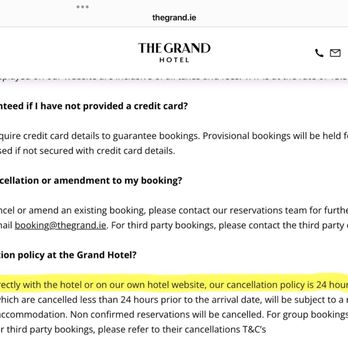 Grand Hotel - Screenshot of the FAQ page regarding cancellation policy of the Malahide Grand Hotel. - Hotels Near Me - Malahide, D
