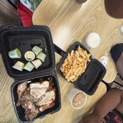 Chicken Rico - Whole chicken/ garlic/green sauce. Fries